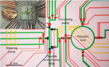 圖6：用于合成2-脫氧-2- [18 F]氟-D-葡萄糖（[18 F] FDG）的微流體反應(yīng)器。請注意相應(yīng)標(biāo)簽的設(shè)備的子單元?？梢钥闯?，該設(shè)備的整個占地面積幾乎不大于硬幣。Lee等人的圖片 “使用集成微流體的放射性標(biāo)記成像探針的多步合成”。